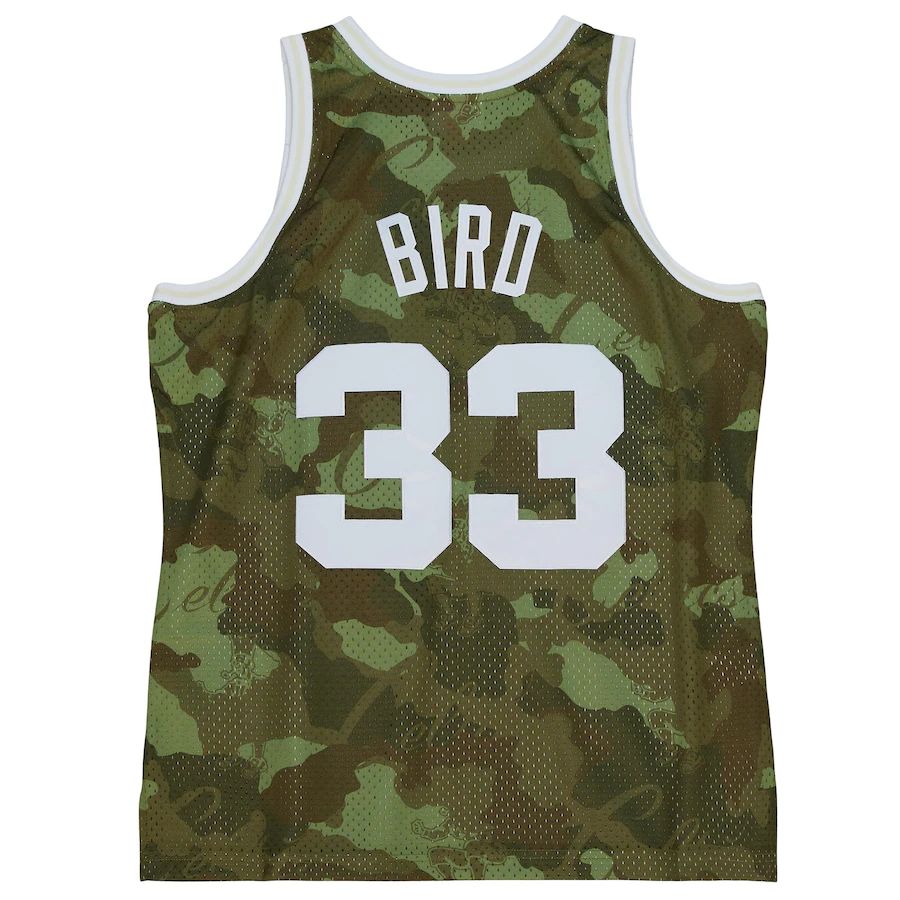 B.Celtics #33 Larry Bird Mitchell & Ness Unisex Hardwood Classics 1985-86 Ghost Green Swingman Jersey Camo Stitched American Basketball Jersey